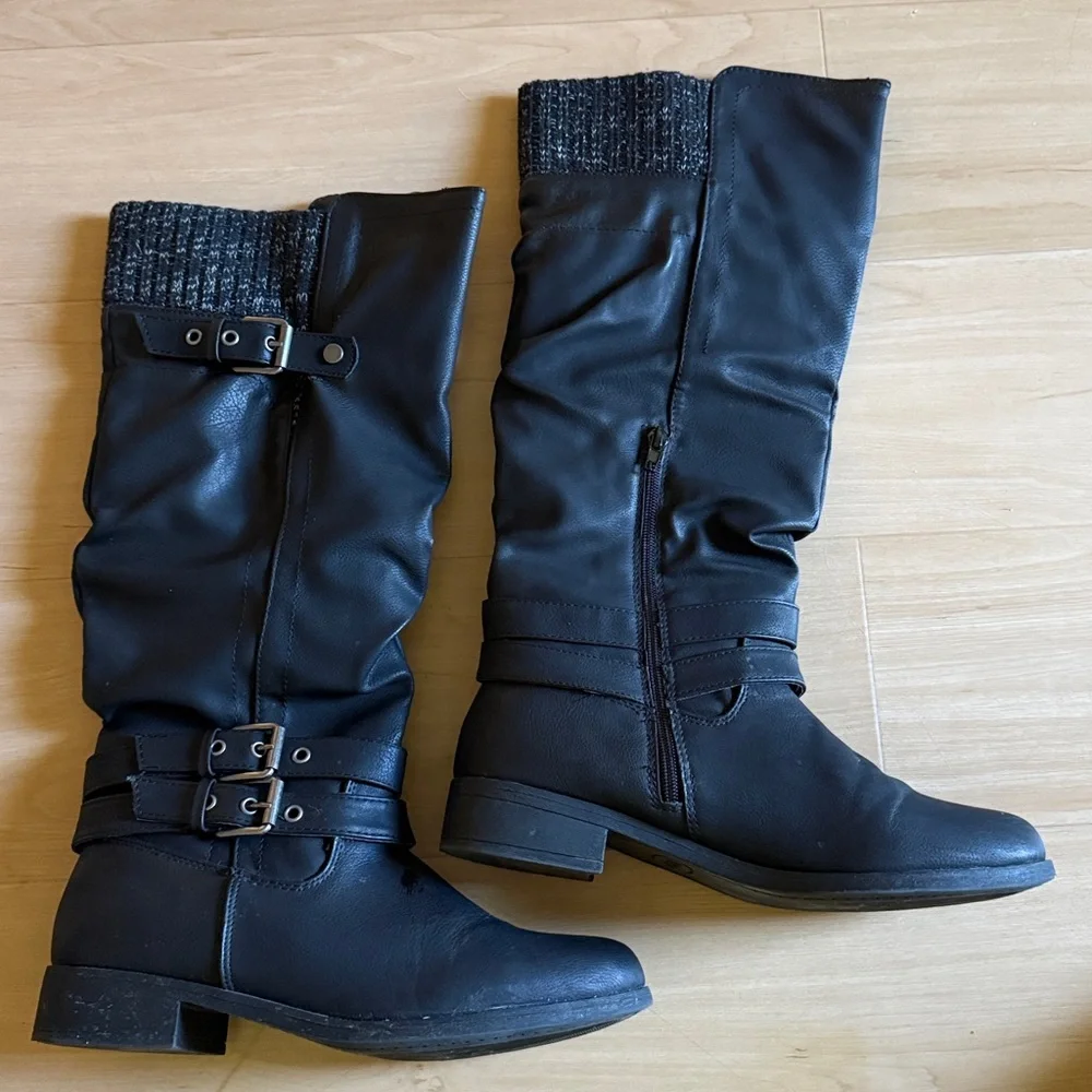 WOMENS KNEE HIGH BLACK SWEATER WESTERN RIDING BOOTS VEGAN LEATHER EUC SZ 8.5